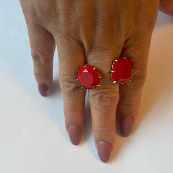 RED DIAMANTINE HEART AND SQUARE STONE YOU AND ME ADJUSTABLE RING - Picture 2 of 4
